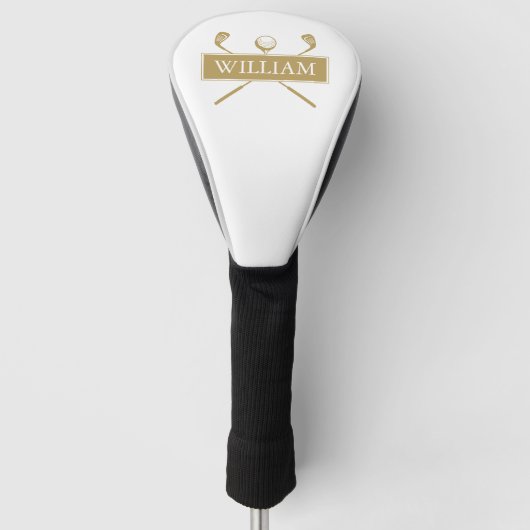 Aangepaste naam goud witte clubs en bal golfheadcover (Voorkant)