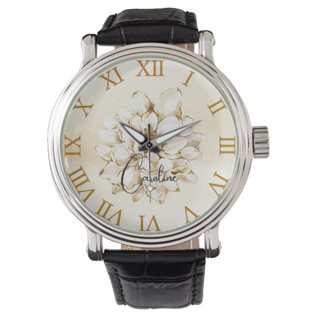 Aangepaste naam Gouden bruine achtergrond Bloemen Horloge (Voorkant)