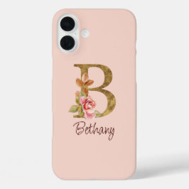 Aangepaste Naam Gouden Folie Blush Roze Rozen Lett iPhone 16 Plus Hoesje