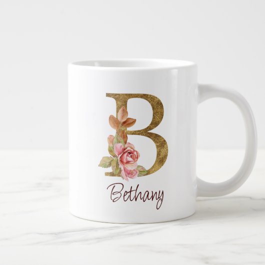 Aangepaste Naam Gouden Folie Blush Roze Rozen Lett Grote Koffiekop (Rechts)
