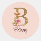 Aangepaste Naam Gouden Folie Blush Roze Rozen Lett Ronde Sticker (Voorkant)
