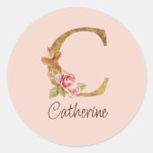 Aangepaste Naam Gouden Folie Blush Roze Rozen Lett Ronde Sticker (Voorkant)