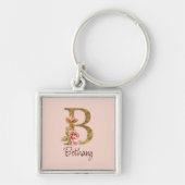 Aangepaste Naam Gouden Folie Blush Roze Rozen Lett Sleutelhanger (Voorkant)