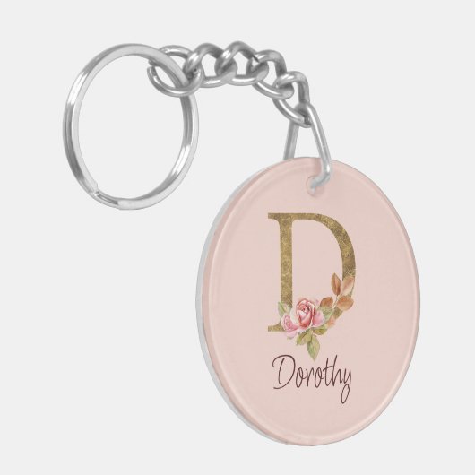 Aangepaste Naam Gouden Folie Blush Roze Rozen Lett Sleutelhanger (Voorkant Links)