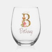 Aangepaste Naam Gouden Folie Blush Roze Rozen Lett Wijnglas Zonder Voet (Voorkant)