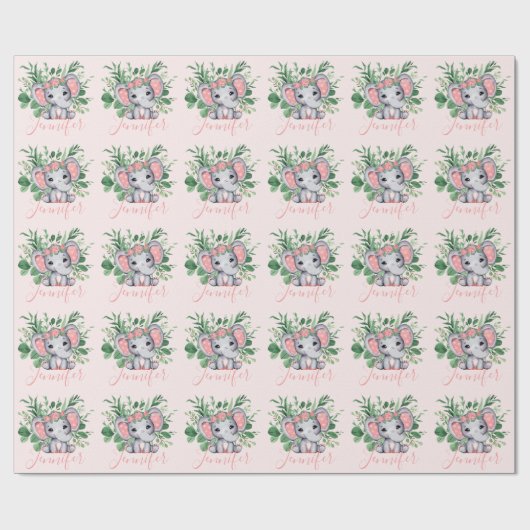 Aangepaste Naam Greenery Elephant Baby Girl Pink Cadeaupapier (Vlak)