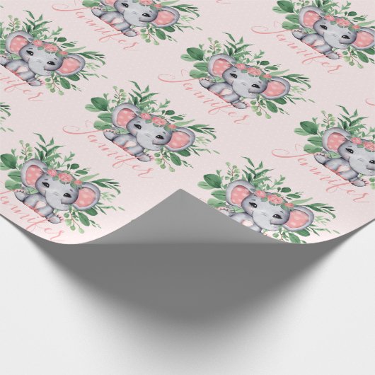 Aangepaste Naam Greenery Elephant Baby Girl Pink Cadeaupapier (Hoek)