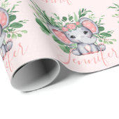 Aangepaste Naam Greenery Elephant Baby Girl Pink Cadeaupapier (Rol Hoek)