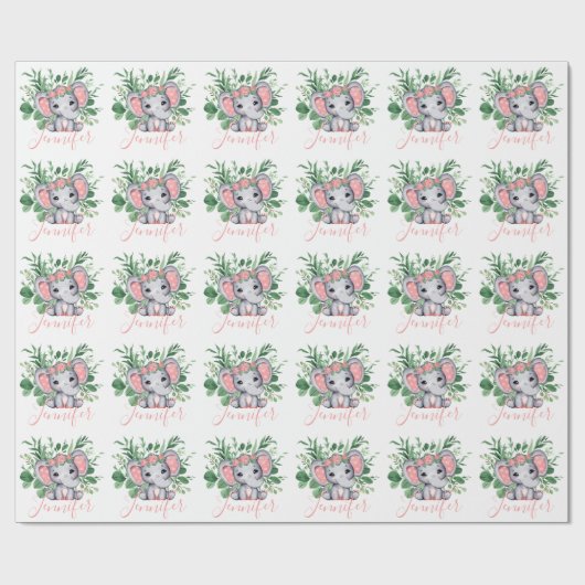 Aangepaste Naam Greenery Elephant Baby Meisje Wit Cadeaupapier (Vlak)