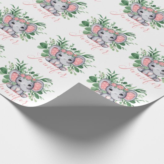 Aangepaste Naam Greenery Elephant Baby Meisje Wit Cadeaupapier (Hoek)