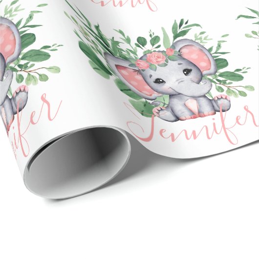 Aangepaste Naam Greenery Elephant Baby Meisje Wit Cadeaupapier (Rol Hoek)