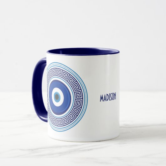 Aangepaste naam Grieks patroon Evil Eye Nazar Mok (Voorkant links)