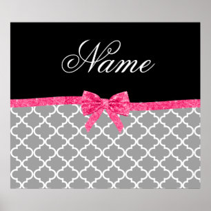 Aangepaste naam grijs marokcan patroon roze glitte poster