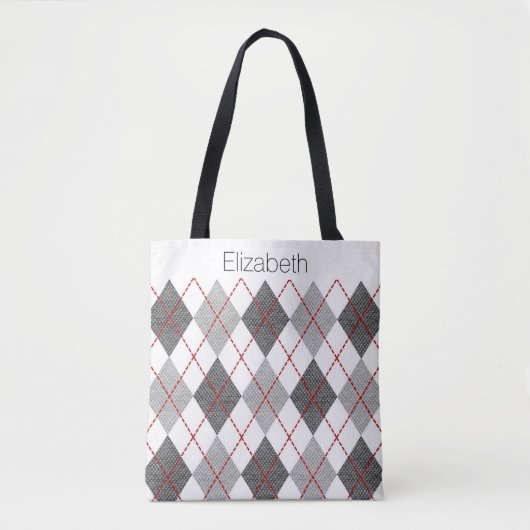 Aangepaste naam: grijs witte zwarte rode argyle tote bag (Voorkant)
