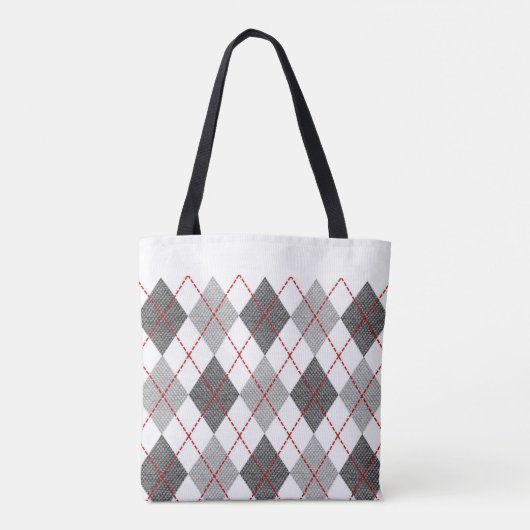 Aangepaste naam: grijs witte zwarte rode argyle tote bag (Achterkant)