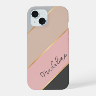 Aangepaste naam grijze pasta Coral Blush Pink Stri iPhone 15 Case