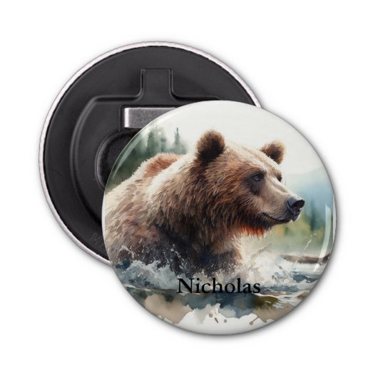 Aangepaste naam Grizzly Beer Wildlife Natuur Art Button Flesopener (Voorkant)
