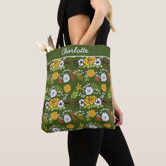 Aangepaste naam groen bloem naadloos patroon tote bag (Dichtbij)