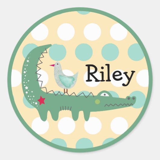 Aangepaste naam groene alligator met zeemeeuwstipp ronde sticker (Voorkant)
