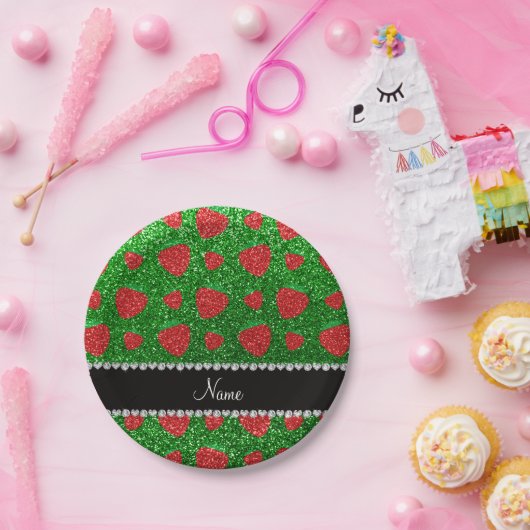 Aangepaste naam groene glitter aardbei papieren bordje (Feest)