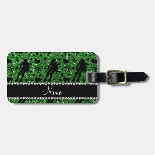 Aangepaste naam groene glitter roller derby bagagelabel (Voorkant horizontaal)