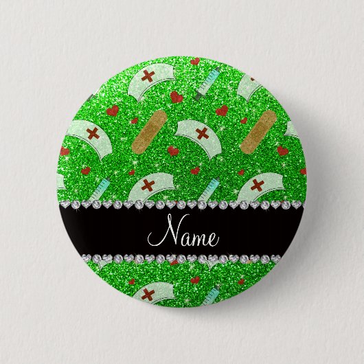 Aangepaste naam groene glitter verpleegster pet ha ronde button 5,7 cm (Voorkant)