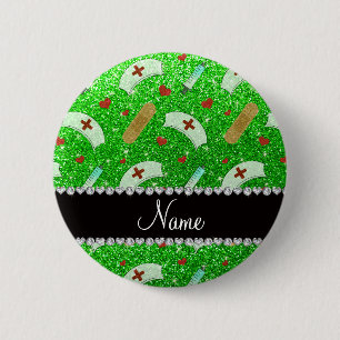 Aangepaste naam groene glitter verpleegster pet ha ronde button 5,7 cm