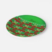 Aangepaste naam groene kikkers rode hartenstrepen papieren bordje (Gekanteld)