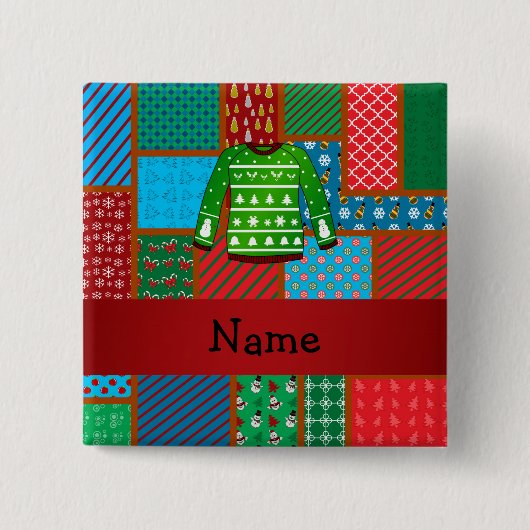 Aangepaste naam groene lelijke kersttrui vierkante button 5,1 cm (Voorkant)