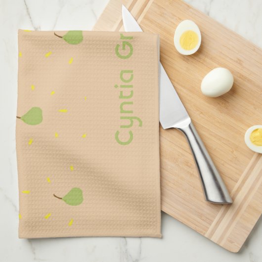 Aangepaste naam groene peer patroon bruin theedoek (Quarter Fold)