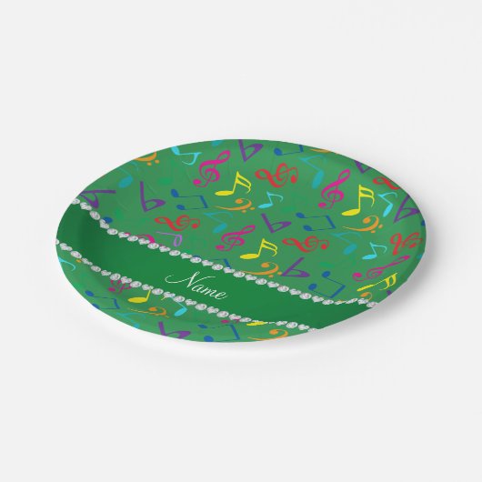 Aangepaste naam groene regenboog muzieknoten papieren bordje (Gekanteld)