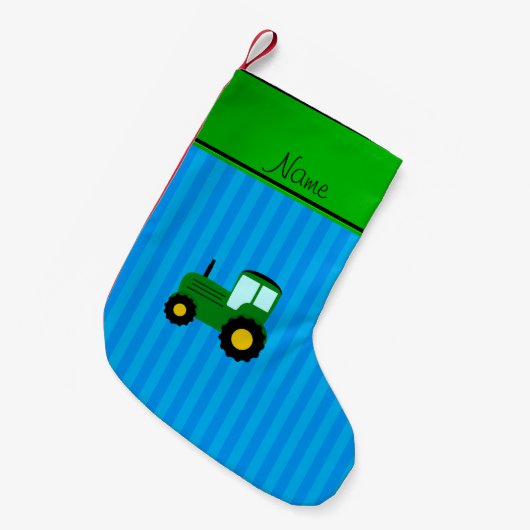 Aangepaste naam groene tractor blauwe strepen kleine kerstsok (Voorkant (Hangend))
