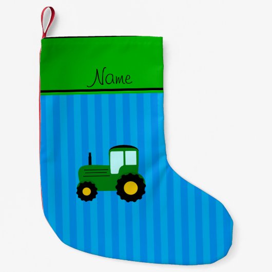 Aangepaste naam groene tractor blauwe strepen kleine kerstsok (Voorkant)