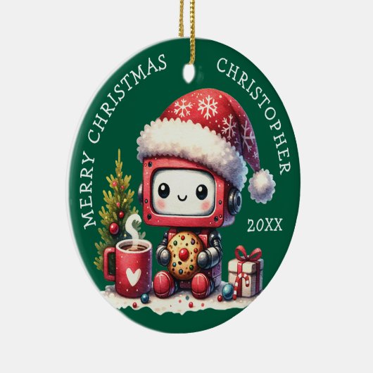 Aangepaste Naam Groene Vrolijke Kerstrobot Schatti Keramisch Ornament (Rechts)
