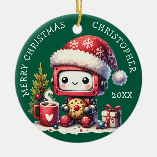 Aangepaste Naam Groene Vrolijke Kerstrobot Schatti Keramisch Ornament (Voorkant)