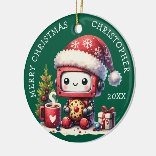Aangepaste Naam Groene Vrolijke Kerstrobot Schatti Keramisch Ornament (Links)