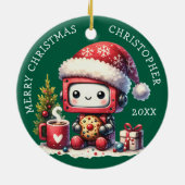 Aangepaste Naam Groene Vrolijke Kerstrobot Schatti Keramisch Ornament (Achterkant)