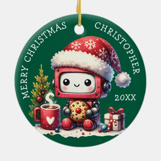 Aangepaste Naam Groene Vrolijke Kerstrobot Schatti Keramisch Ornament (Achterkant)