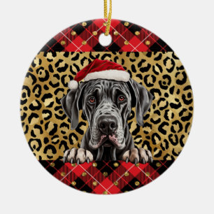 Aangepaste naam Grote Deense hond Santa hat Buffal Keramisch Ornament