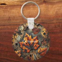Aangepaste naam Grungy Autumnal Industrial Leaves Sleutelhanger