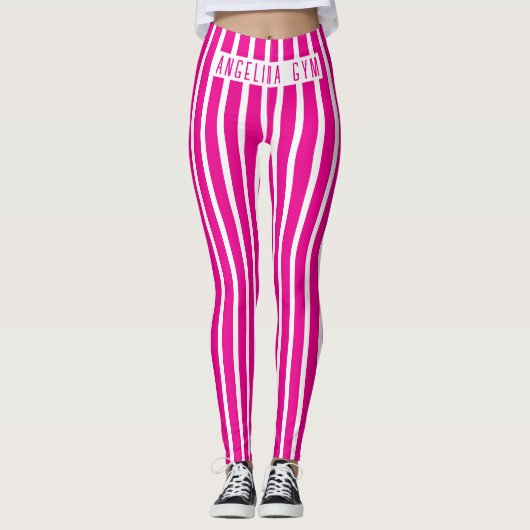 Aangepaste naam Gym Roze en Witte Verticale Strepe Leggings (Voorkant)