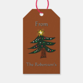 Aangepaste naam handgetekende kerstboom bruin cadeaulabel