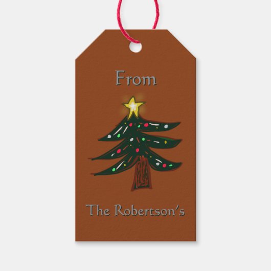Aangepaste naam handgetekende kerstboom bruin cadeaulabel (Voorkant)