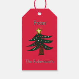 Aangepaste naam handgetekende kerstboom bruin cadeaulabel