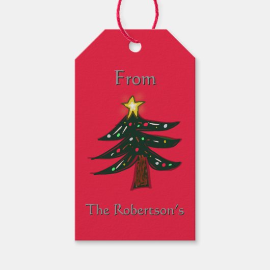 Aangepaste naam handgetekende kerstboom bruin cadeaulabel (Voorkant)