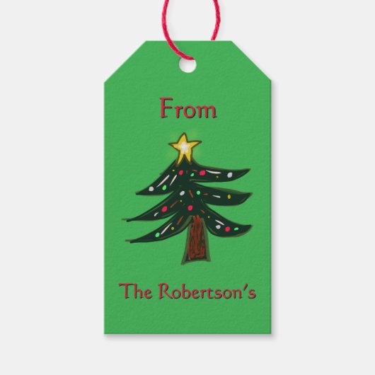 Aangepaste naam handgetekende kerstboom groen cadeaulabel (Voorkant)