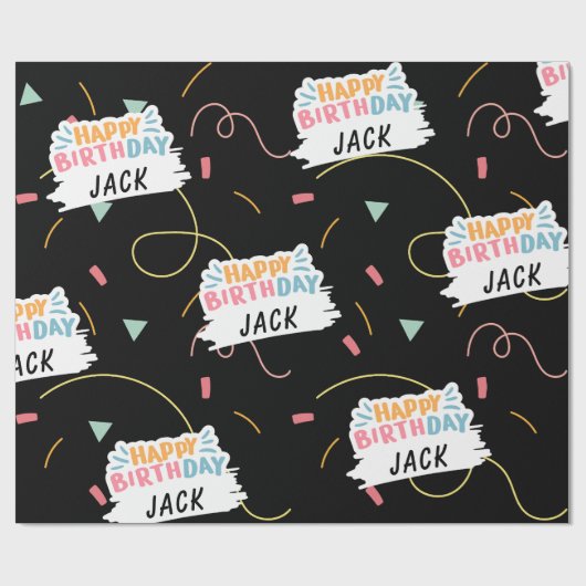 Aangepaste naam Happy Birthday Black Cadeaupapier (Vlak)