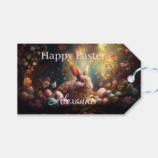 Aangepaste naam Happy Easter Bunny met paaseieren Cadeaulabel (Voorkant (Horizontaal))