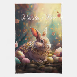 Aangepaste naam Happy Easter Bunny met paaseieren Theedoek
