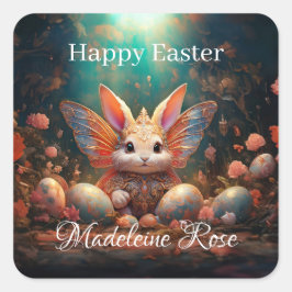 Aangepaste naam Happy Easter Bunny met paaseieren Vierkante Sticker